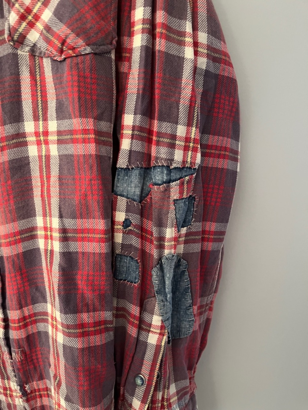 Polo Ralph Lauren Red Plaid Button-Up Shirt with Denim Patches & Frayed Bottom - Picture 3 of 7